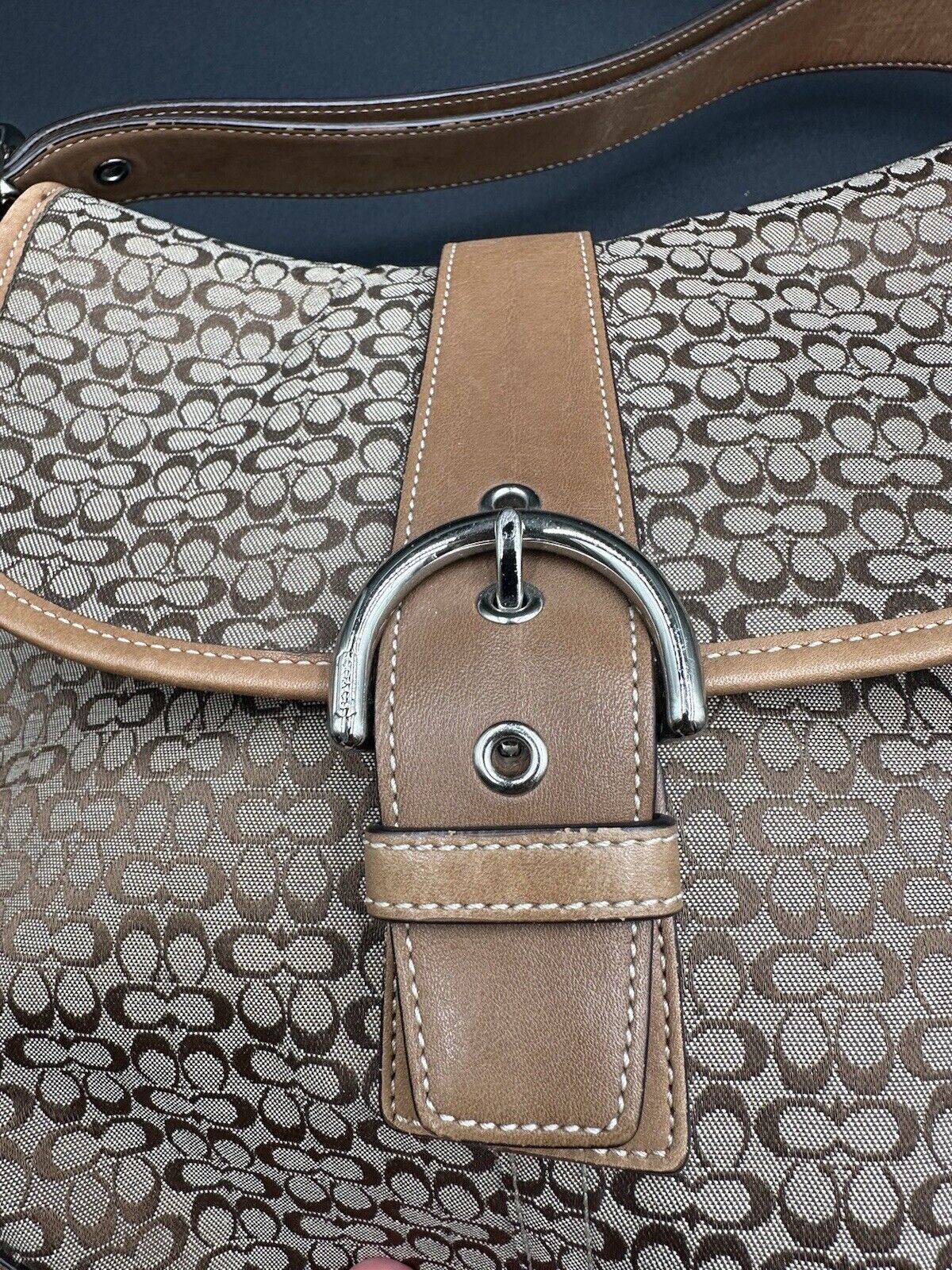 Coach Handbag Purse 6376 Signature LOGO Brown Silver Leather Shoulder Crossbody